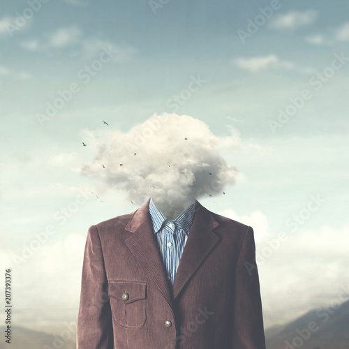 stressed man head in the cloud