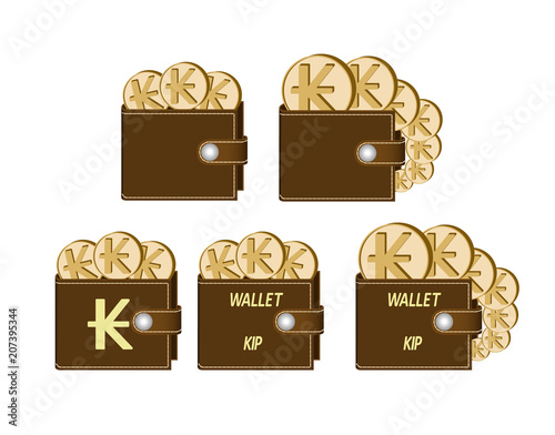 set of brown  wallets with kip coins
