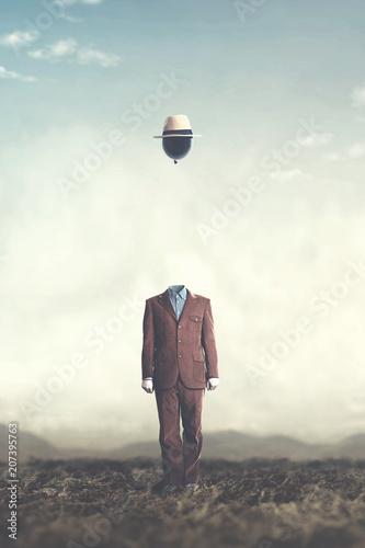 surreal minimalist man with big black balloon suspended over his head