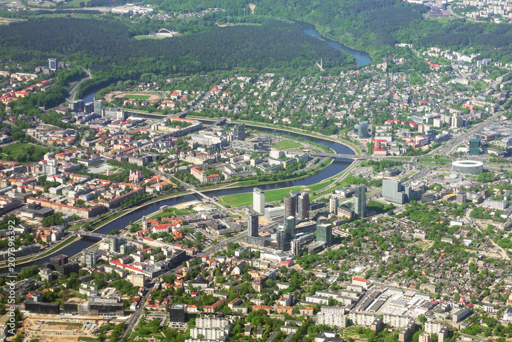 Aerial view of Vilnius downtown and river in perspective. Lithuania.