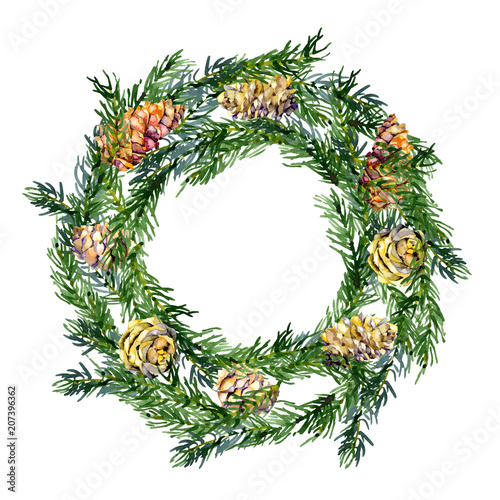 Festive  New Year  fir wreath. Christmas  family  winter garland. Coniferous  fir  pine  cones and seeds. Autumn  rotten  fallen leaves. Watercolor. Illustration