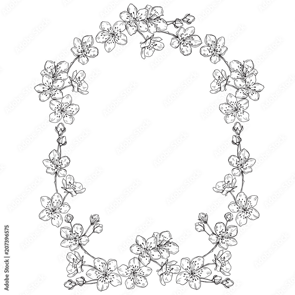 Floral frame with cherry flowers on white background. Vector illustration with place for text. Greeting card, invitation or isolated elements for design. Floral frame with cherry flowers on white background. Vector illustration with place for text. Greeting card, invitation or isolated elements for design.