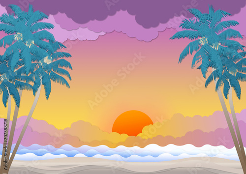 Coconut tree on sunshine and seascape background - Illustration © CHOTi