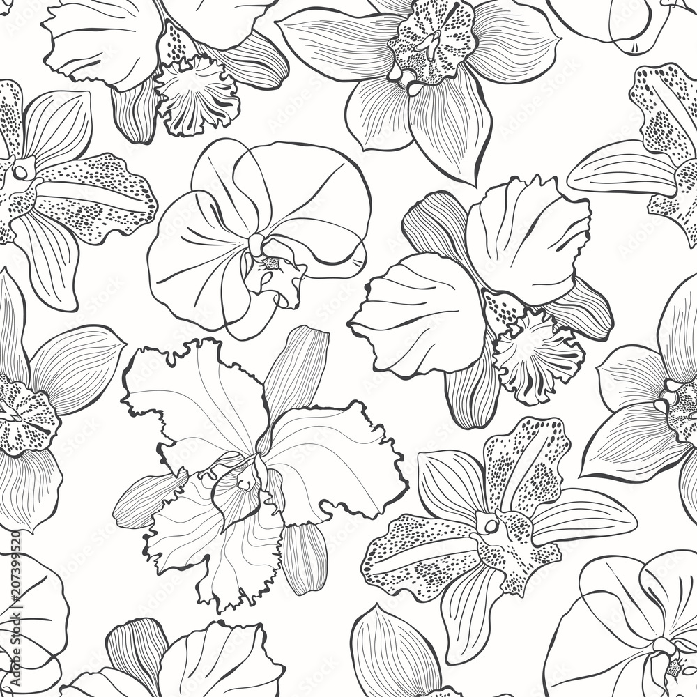 Floral seamless pattern with hand drawn different orchids. Vector black and white illustration. Contour drawing.