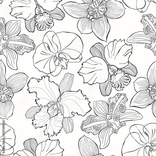 Floral seamless pattern with hand drawn different orchids. Vector black and white illustration. Contour drawing.