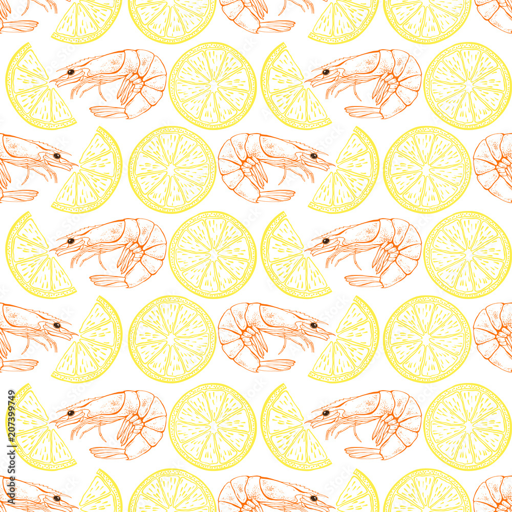 Seamless  pattern with shrimps and seashells on white background. Vector Illustration.Black-and-white  drawing.
