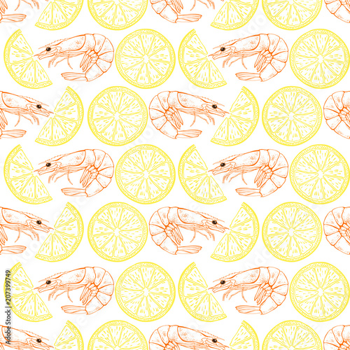 Seamless pattern with shrimps and seashells on white background. Vector Illustration.Black-and-white drawing.
