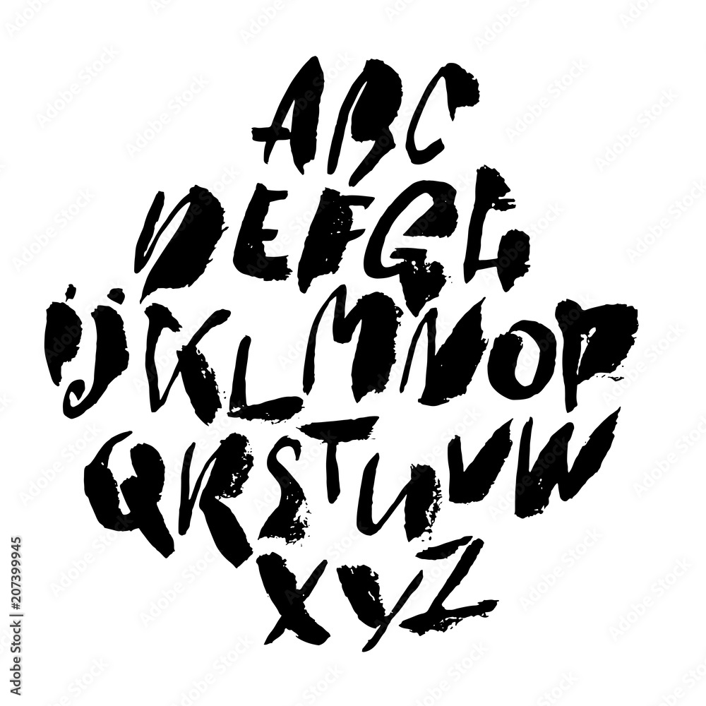 Handdrawn dry brush font. Modern brush lettering. Grunge style alphabet. Vector illustration.