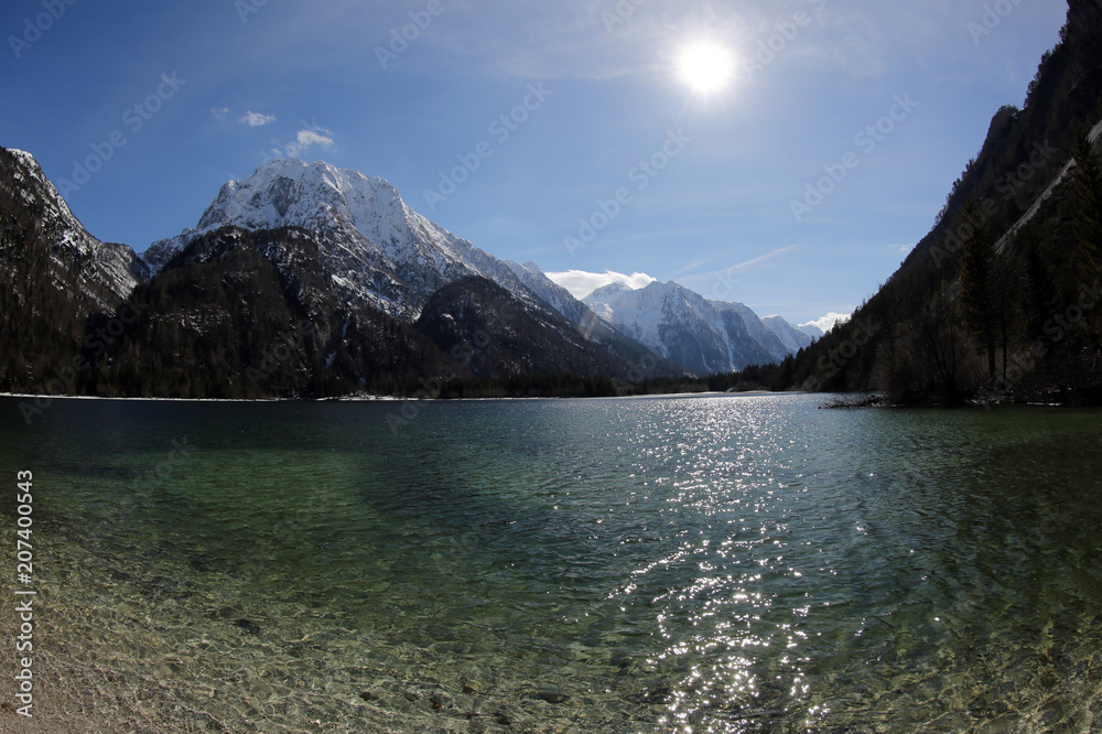 breathtaking panoramic view of Predil Lake in Northern Italy nea