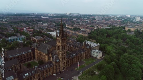 Aerial footage approaching Glasgow University Tower over Kelvingrove Park. photo