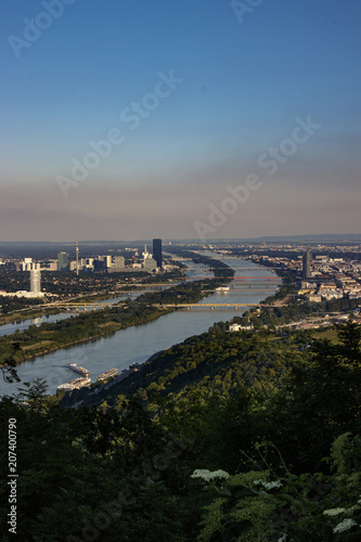 aerial view of Vienna in the evening sun with the danube