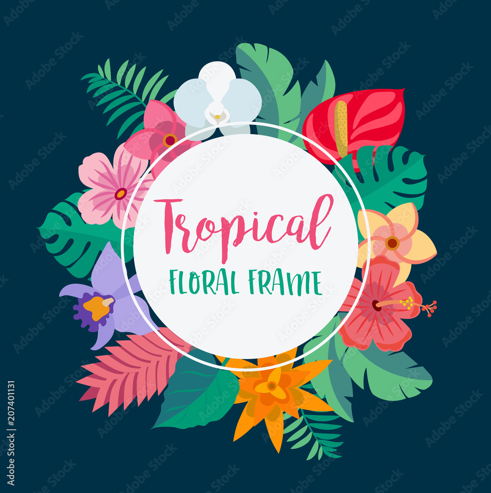 Fototapeta Tropikalna kwiecista rama z kwiatami i liśćmi - szablon projektu ilustracji wektorowych