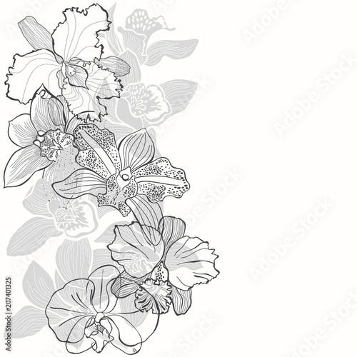 Floral background with orchids on a white background. Vector illustration with place for text. Vertical composition. Greeting card, invitation or isolated elements for design.
