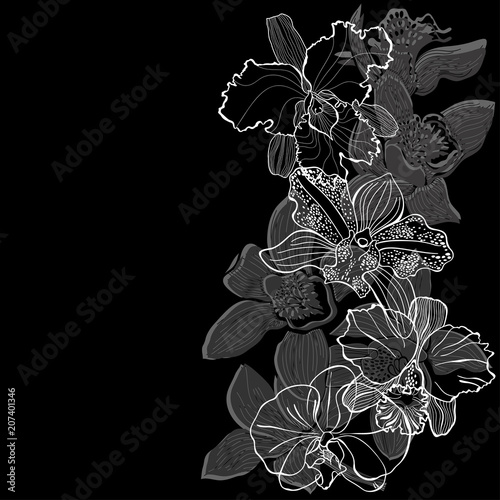 Floral background with orchids on a black  background. Vector illustration with place for text. Vertical composition. Greeting card, invitation or isolated elements for design.