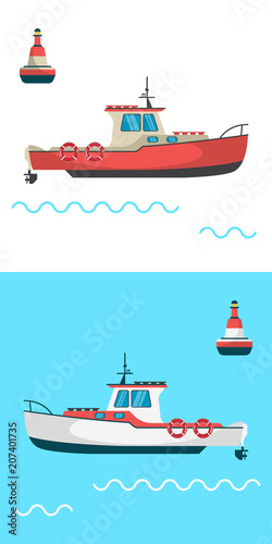 Fishing boat side view and buoys with blue sea background and isolated on white. Side view illustration.