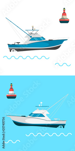 Fishing boat side view and buoys with blue sea background and isolated on white. Side view illustration.