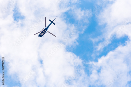 BARCELONA, SPAIN - OCTOBER 3, 2017: Police helicopter demonstration in Barcelona. Copy space for text.
