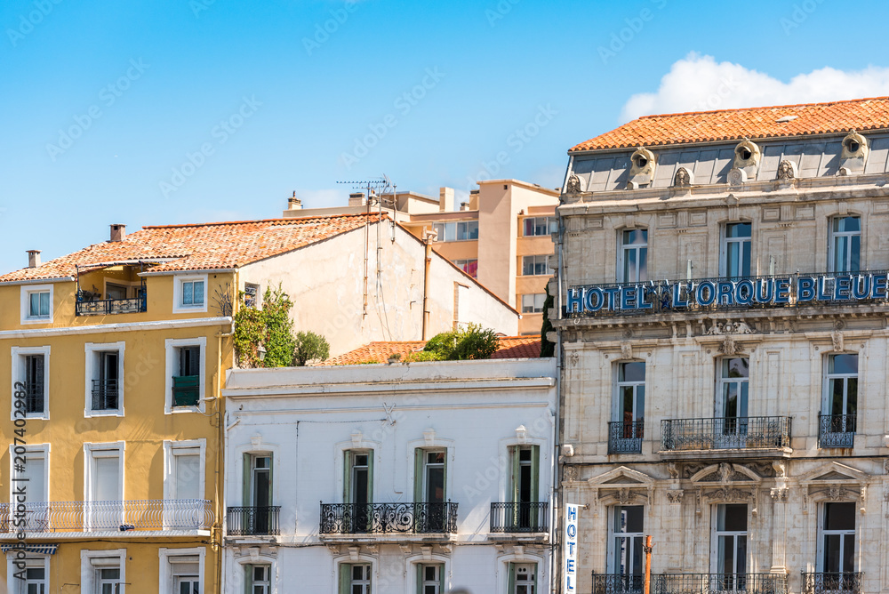 SETE, FRANCE - SEPTEMBER 10, 2017:  View of city buildings, close-up