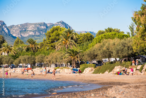 MIAMI PLATJA, SPAIN - SEPTEMBER 18, 2017: View of the sandy beach. Copy space for text.