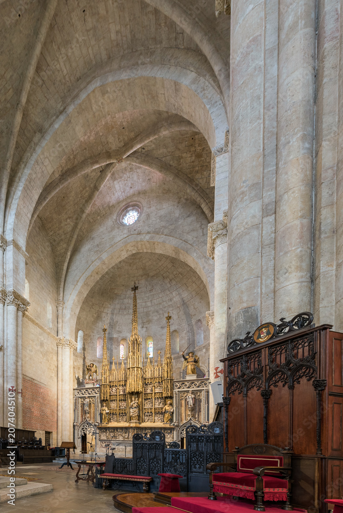 TARRAGONA, SPAIN - OCTOBER 4, 2017: Interior of the Cathedral of Tarragona (Catholic Cathedral). Copy space for text. Vertical.