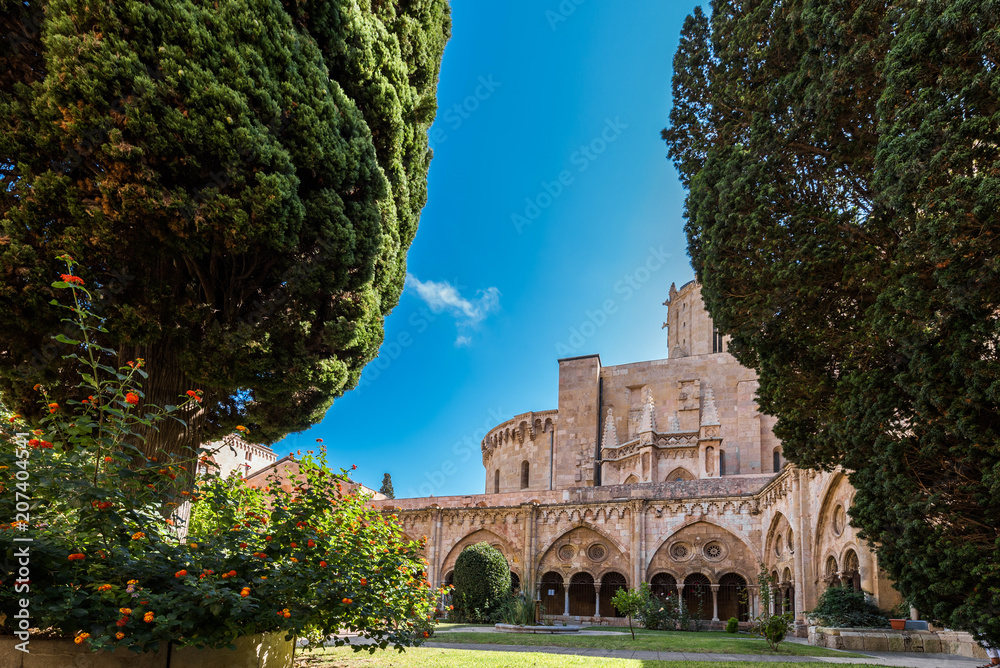 TARRAGONA, SPAIN - OCTOBER 4, 2017: View of the courtyard of the Tarragona Cathedral (Catholic cathedral) on a sunny day. Copy space for text.