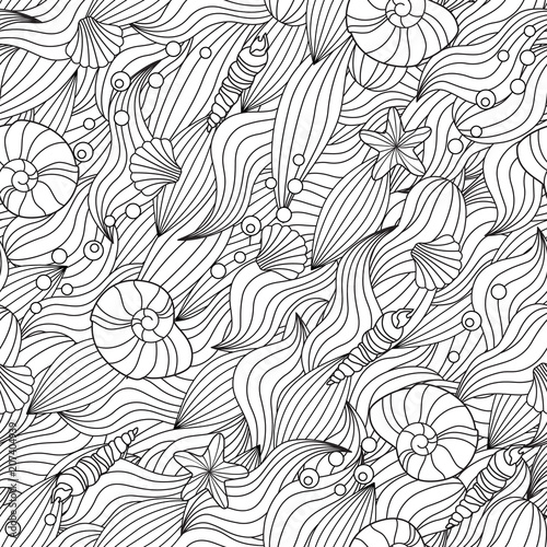 Serene hand drawn outline seamless pattern with sea waves, seashells isolated on white background.