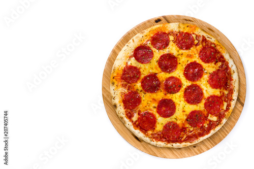 Hot italian pepperoni pizza isolated on white background. Top view. Copyspace