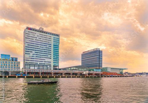 Canvas Print Amsterdam, The Netherlands May 27 2018 - Passengers terminal and hotel on the Pi
