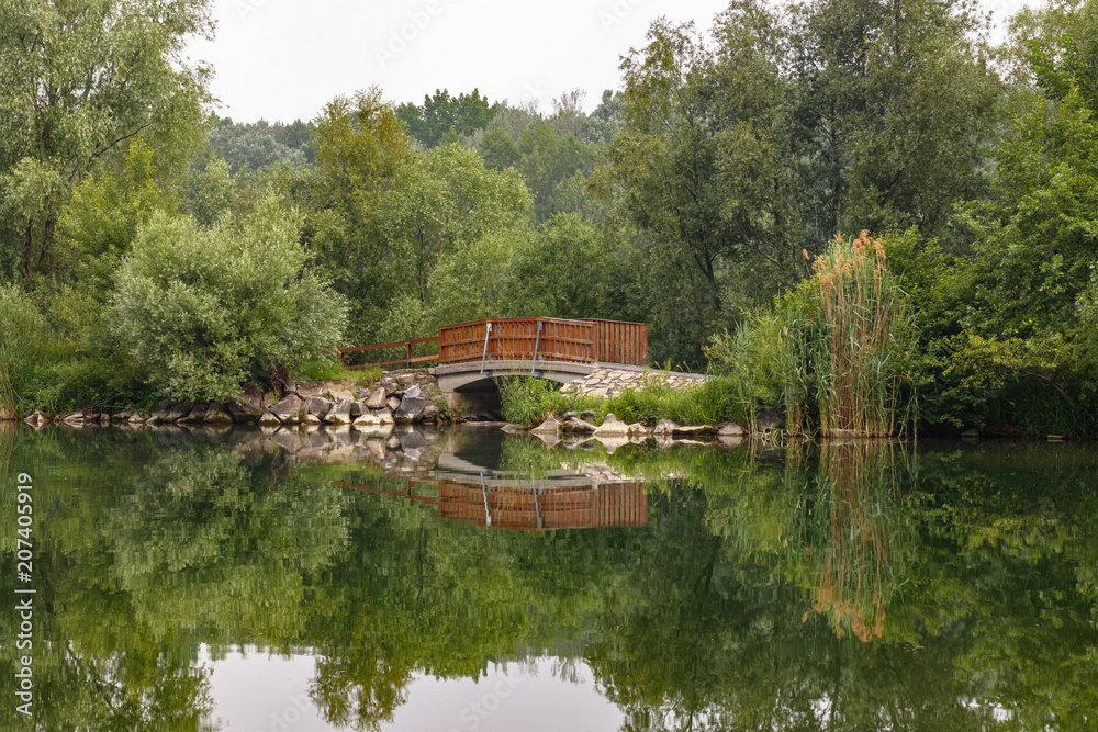 Obraz premium small bridge over a stream with reflection in the water