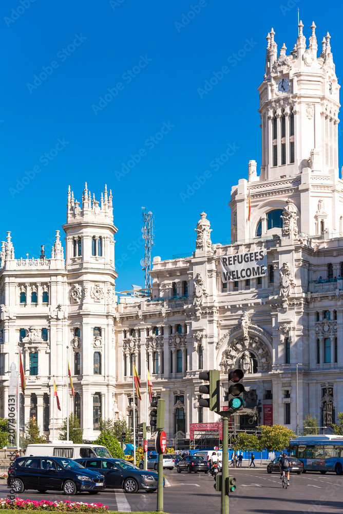 MADRID, SPAIN - SEPTEMBER 26, 2017: The Cybele Palace (City Hall). Copy space for text. Vertical.