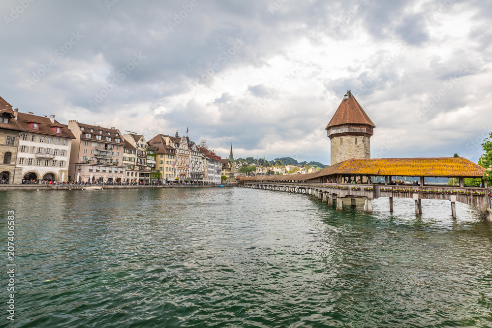 View of the old town in Lucerne. Mountain lake in the Alps