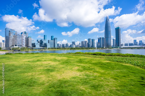 city skyline with green lawn in park