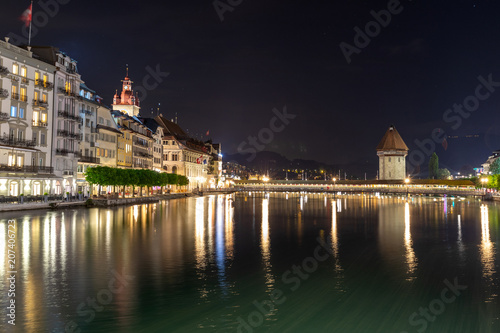 Mountain lake in the Alps at night. Lucerne at night.