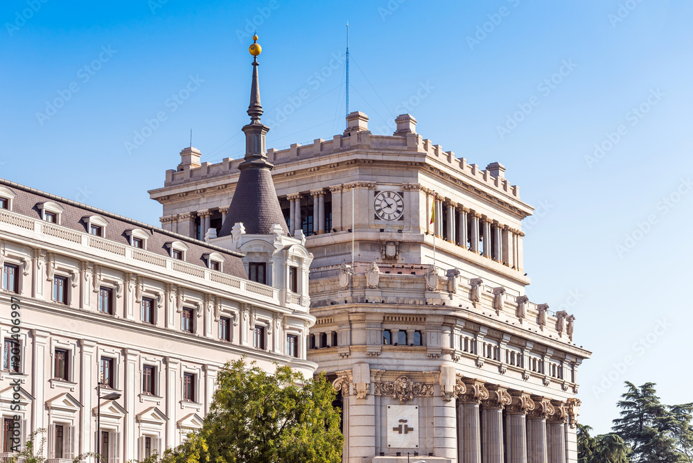 MADRID, SPAIN - SEPTEMBER 26, 2017: Beautiful historical building of old architecture in the city center. Copy space for text.