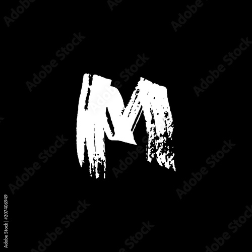 Letter M. Handwritten by dry brush. Rough strokes textured font. Vector illustration. Grunge style alphabet.