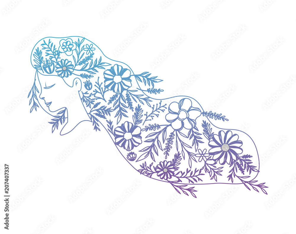 Obraz premium beautiful woman with long hair and floral pattern vector illustration design