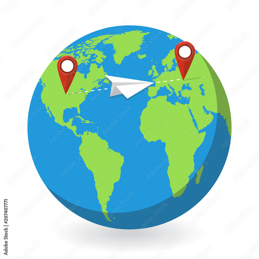 Vector illustration. Airplane flight, travelling around the world, concept of vacation trip. Vector illustration. Airplane flight, travelling around the world, concept of vacation trip.