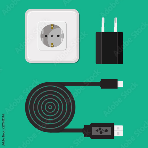 Charger, cable, wire for phone with micro USB connector. Icon. Vector