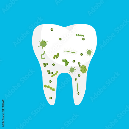 Bacteria on a human white tooth being viewed on a magnifying glass. Vector illustration