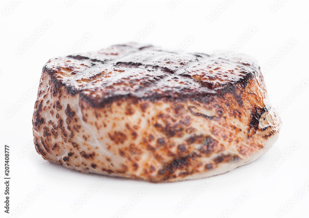 Grilled juicy beef pork steak slice on white