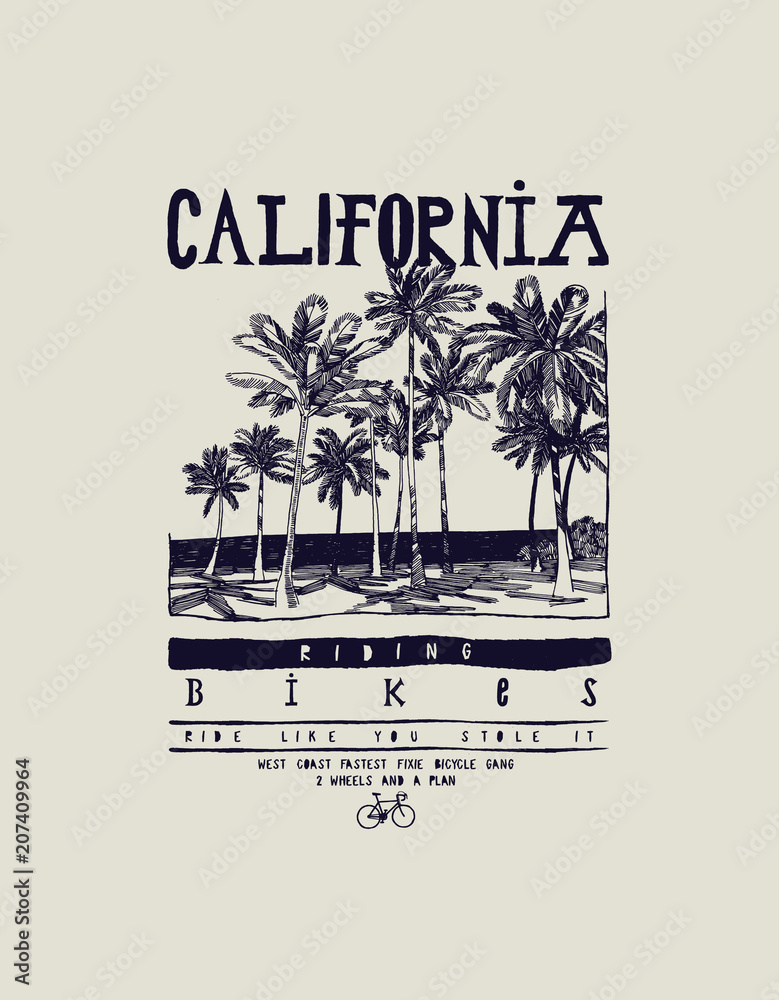 Obraz premium california bikes palm beach t-shirt - tropical vintage typography print