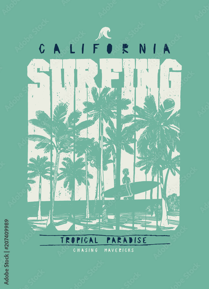 Naklejka premium california surfer in a palm beach silhouette