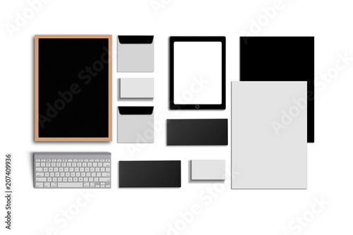 Blank Corporate ID. Set isolated on white. Consist of business cards, folder, tablet PC, envelopes, a4 letterheads, notebooks, flash, pencil, cd disk and smart phones. photo