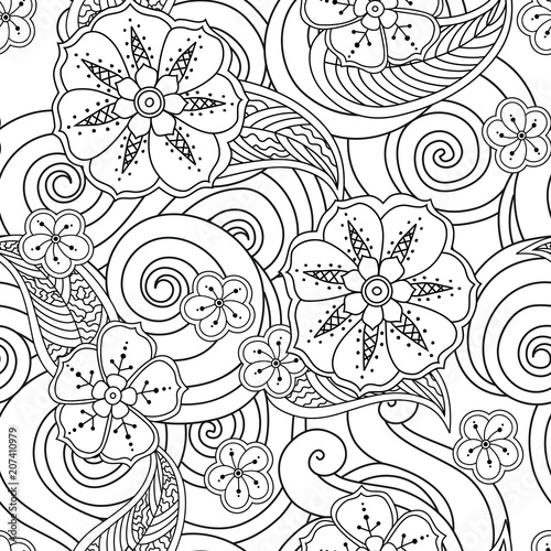 Abstract hand drawn outline stylized ornament seamless pattern with flowers and curls isolated on white background. coloring book for adult and older children.
