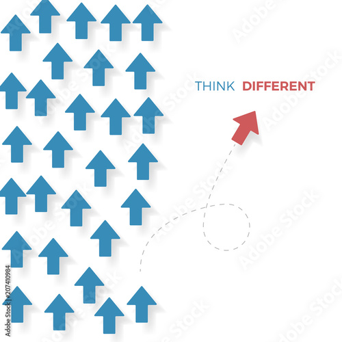 Think different, a red arrow move different way from blue arrows. Business concept. Vector illustration
