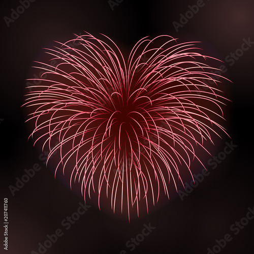 Beautiful heart-firework. Bright romantic firework, isolated on black background. Light love decoration salute for Valentine Day celebration. Symbol of holiday, wedding Vector illustration