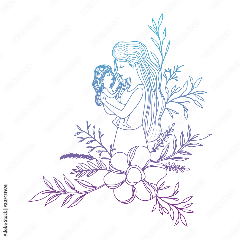 mother lifting daughter with floral decoration vector illustration design