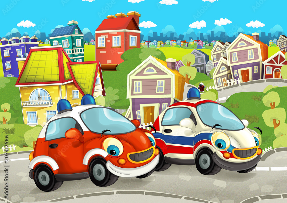 cartoon scene with happy vehicles on the street driving through the city - illustration for children cartoon scene with happy vehicles on the street driving through the city - illustration for children