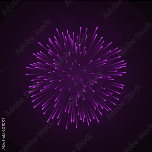 Beautiful pink firework. Bright firework isolated on black background. Light purple decoration firework for Christmas, New Year celebration, holiday, festival, birthday card. Vector illustration