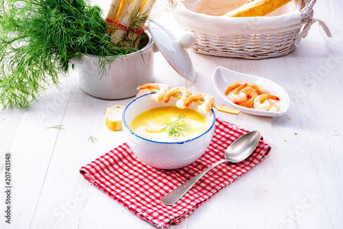 rustic asparagus soup with shrimp skew and diel